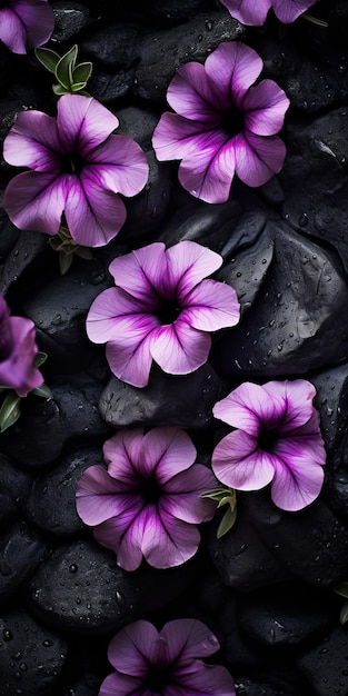 Wunderschöne lila Blumen an schwarzer Wand mit Wassertropfen