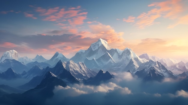 Wunderschöne Luftaufnahme von Wolken und Berggipfeln. Wunderschöner Panoramablick auf die schneebedeckten Berge