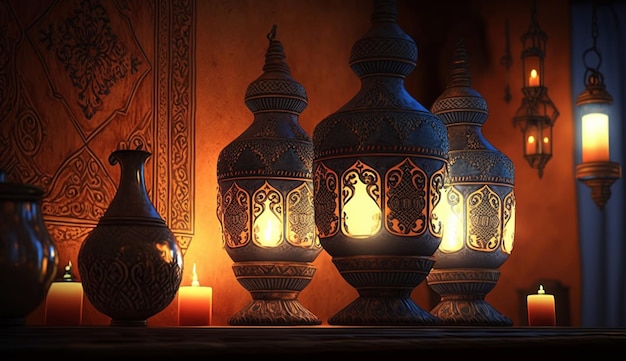 Wunderschöne marokkanische Lampen mit brennenden Kerzen und raumgenerierender KI