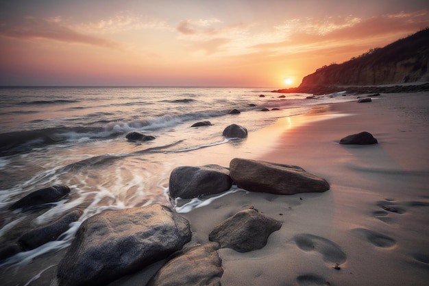 Wunderschöne Meereslandschaft mit Felsen am Strand bei Sonnenuntergang