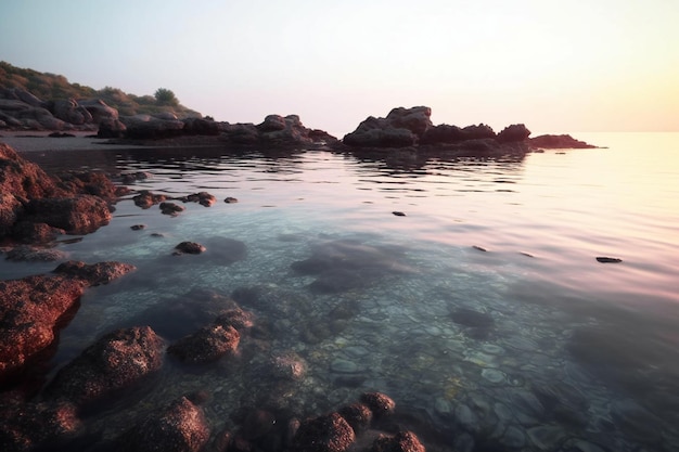 Wunderschöne Meereslandschaft mit Felsen im Meer bei Sonnenuntergang