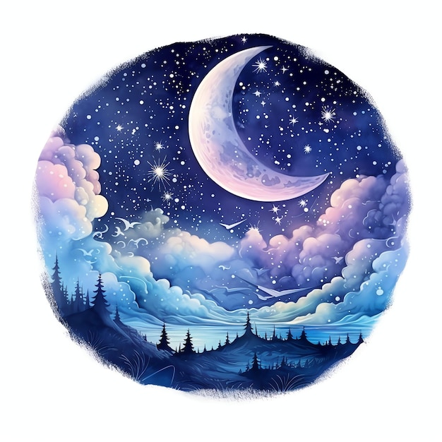 wunderschöne Mondnacht-Fantasie-Aquarell-Märchen-Clipart-Illustration