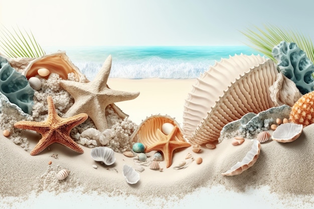 Wunderschöne Muscheln, Korallen und Seesterne auf reinweißem Sand Illustration AI Generative