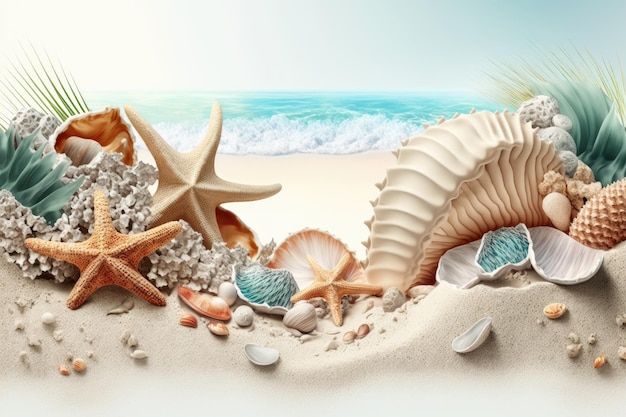 Wunderschöne Muscheln, Korallen und Seesterne auf reinweißem Sand Illustration AI Generative