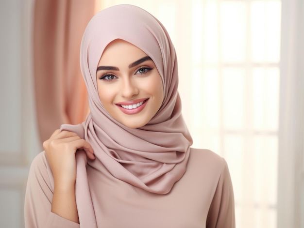 Wunderschöne muslimische arabische Frau mit wunderschönem Lächeln, weißen Zähnen, Werbung für den perfekten Lächeln-Profi