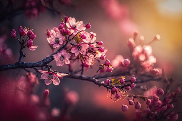 Wunderschöne Natur in Form eines blühenden Zweigs rosafarbener Blumen auf verschwommenem Frühlingstag-Hintergrund