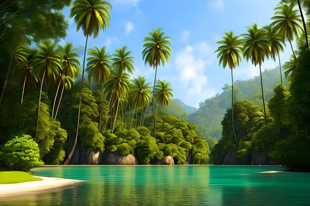 Foto wunderschöne naturhintergründe, wälder und palmen mit dem see