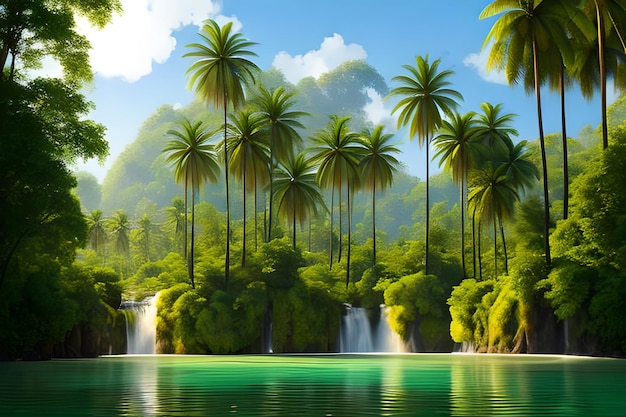 Foto wunderschöne naturhintergründe, wälder und palmen mit dem see