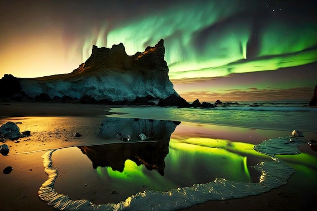 Foto wunderschöne nordlichter am strand von island, die sich im meer spiegeln