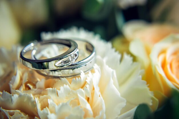 Wunderschöne Platin- und Diamant-Verlobungsringe, unscharfer Hintergrund, Nahaufnahme. Gekreuzte Ringe aus Weißgold liegen auf Hochzeitsstrauß aus beigen Rosen, selektiver Fokus. Zubehör für Brautpaare. Platz kopieren.