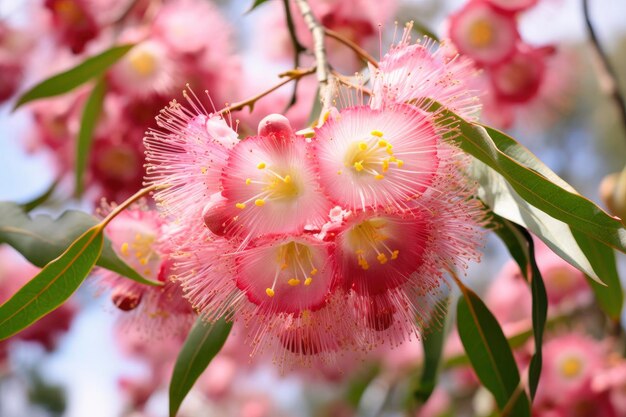 Wunderschöne rosa Blüten und Knospen des Gummibaums