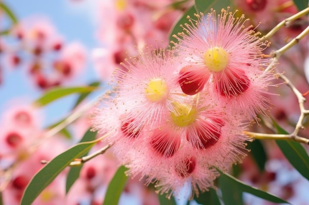 Wunderschöne rosa Blüten und Knospen des Gummibaums