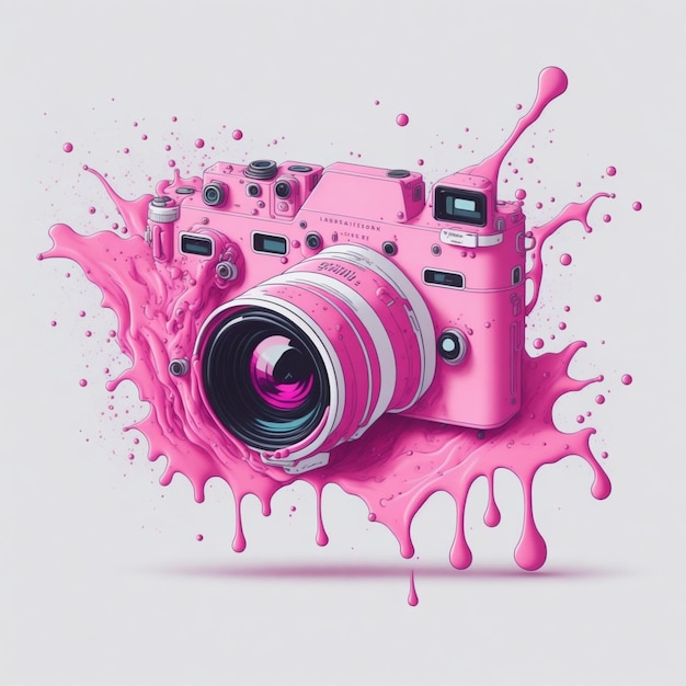 Foto wunderschöne rosa kamera mit farbspritzer-illustration