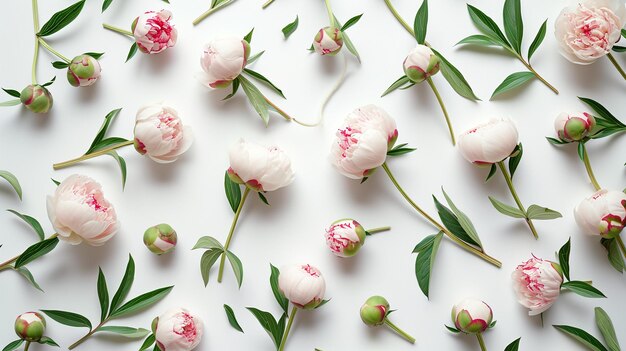 Foto wunderschöne rosa pfingstblumen auf hellem hintergrund flachlage-stil