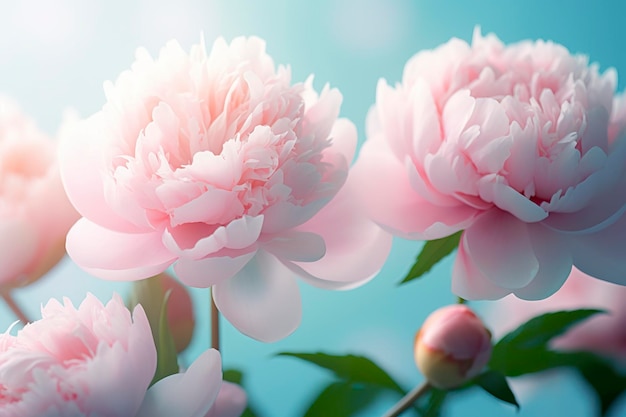 Wunderschöne rosa Pfingstrosen mit großen Blüten auf einem hellblau-türkisfarbenen Hintergrund. Generative KI