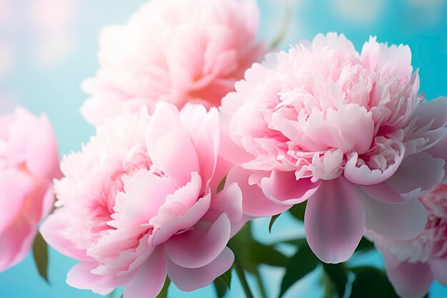 Wunderschöne rosa Pfingstrosen mit großen Blüten auf einem hellblau-türkisfarbenen Hintergrund. Generative KI