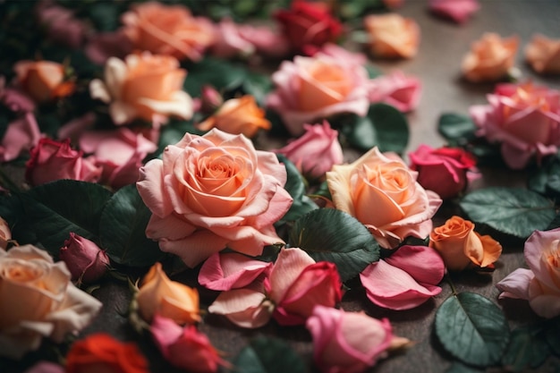 Wunderschöne rosa und orange Rosen mit grünen Blättern auf einem hölzernen Hintergrund