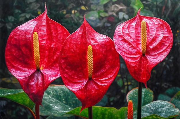 Wunderschöne rote Anthuriumblüten im Botanischen Garten