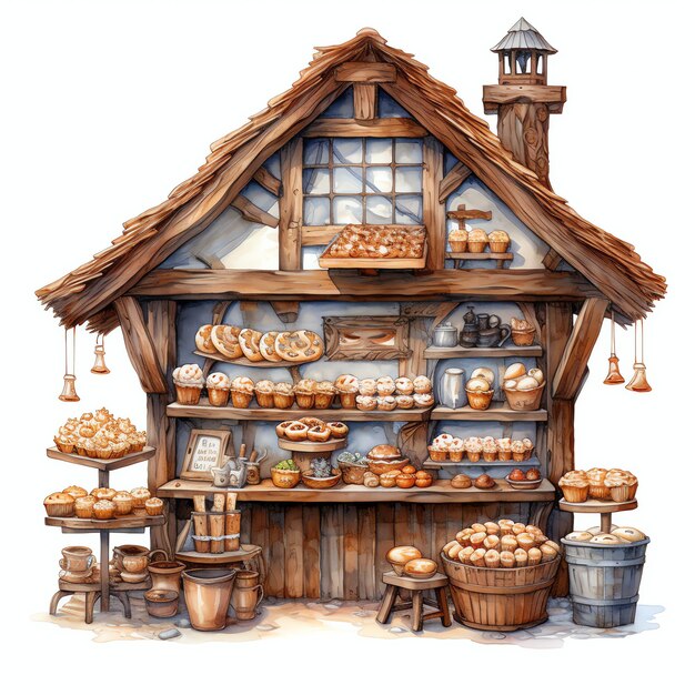 Foto wunderschöne rustikale bäckerei-szene mit schokoladen-leckereien, aquarell-clipart-illustration