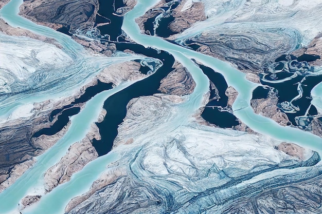 Wunderschöne schneebedeckte Landschaft mit Island-Luftfluss in türkisweißen Tönen