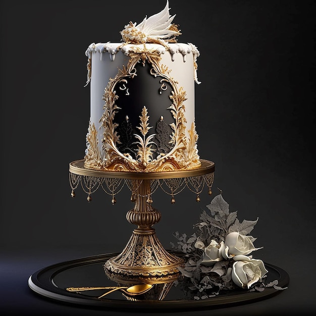 Wunderschöne schwarz-weiß-goldene Hochzeitstorten-Kunstbilder, AI-generiertes Bild