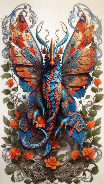 wunderschöne slawische Verzierung des Schmetterlingsdrachens auf den Flügeln