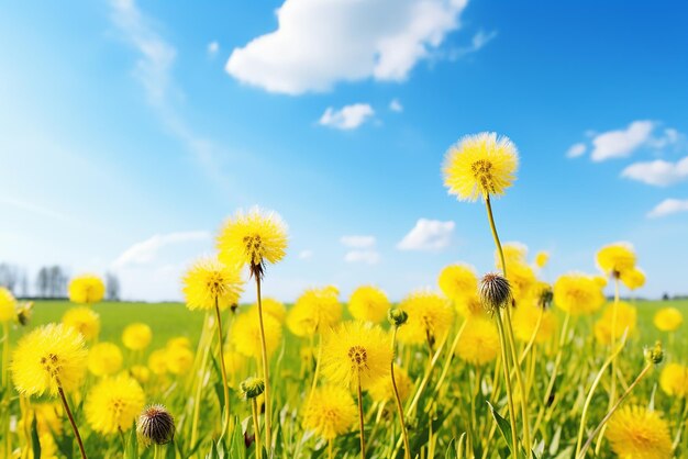 Wunderschöne sonnenbedeckte Frühlings-Sommerwiese natürliche farbenfrohe Panoramalandschaft mit vielen wilden Gänseblümchen gegen einen blauen Himmel mit Wolken