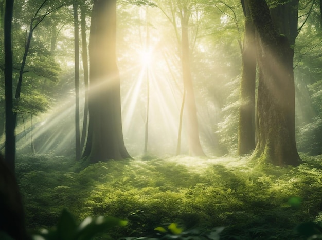 Wunderschöne Sonnenstrahlen in einem grünen Wald