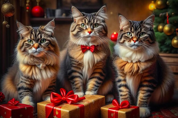 Wunderschöne süße Katzen mit Weihnachtsgeschenken in einem festlichen Interieur