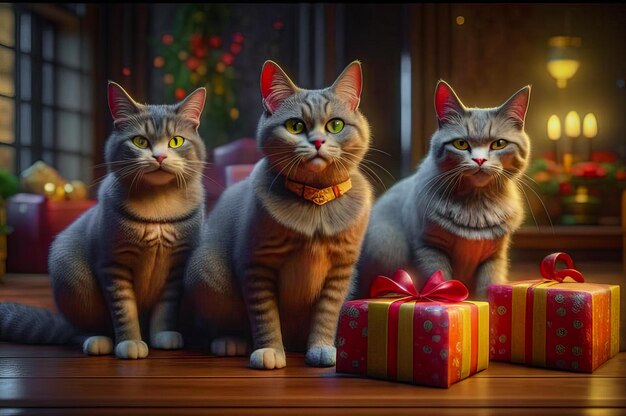 Wunderschöne süße Katzen mit Weihnachtsgeschenken in einem festlichen Interieur