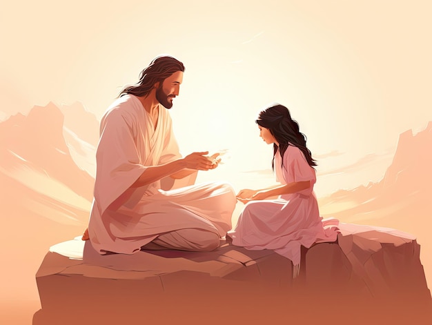 Wunderschöne Szene von Jesus mit Menschen. 3D-Illustrationsmagazin-Redaktionsgrafik