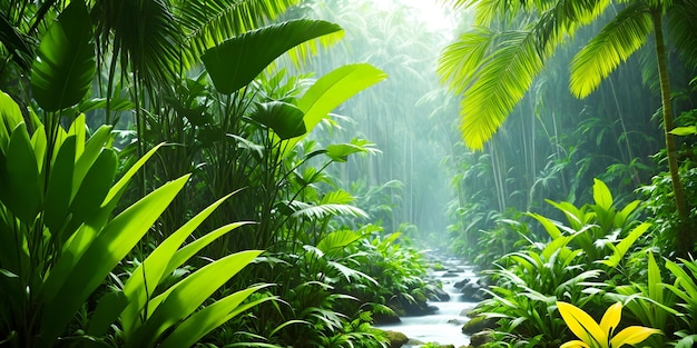 Wunderschöne Tapete mit einer tropischen Landschaft. Dschungel mit Flusspalmen und anderen immergrünen Wildpflanzen. Tropische Regenwaldillustration. Generative KI