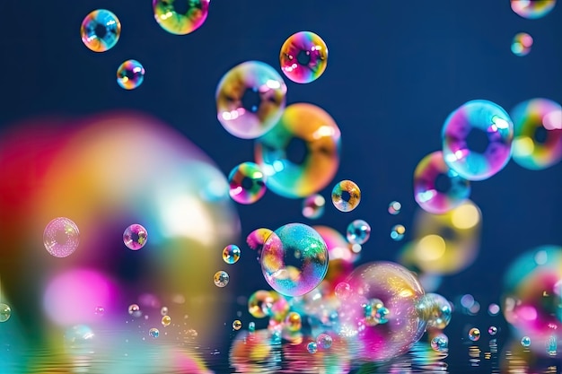 Wunderschöne transparente, glänzende Seifenblasen schweben über einem blauen Hintergrund