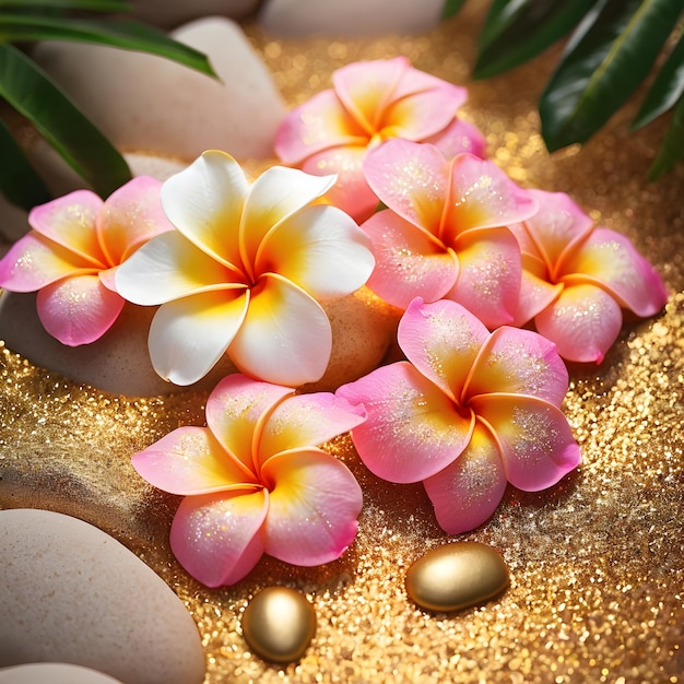 wunderschöne tropische Plumeria mit glitzerndem Staub und goldenen Kieselsteinen