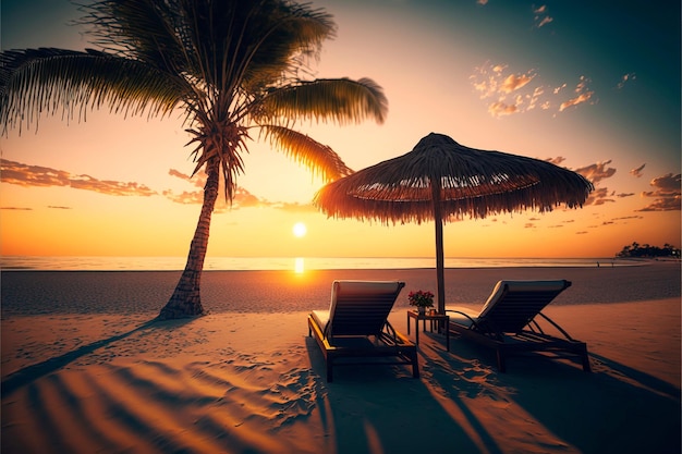 Wunderschöne tropische Sonnenuntergangslandschaft mit zwei Sonnenbetten, Liegestühlen, Regenschirm unter Palmen