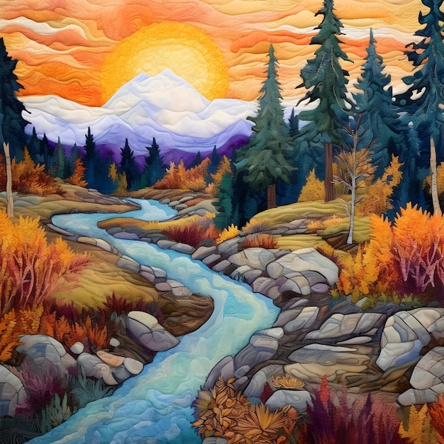 Wunderschöne Waldlandschaft mit Fluss und Bergen im Herbst Digitale Malerei