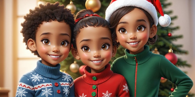 Foto wunderschöne weihnachtsillustration mit drei festlich gekleideten lächelnden kindern mit einem geschmückten weihnachtsbaum. generative ki