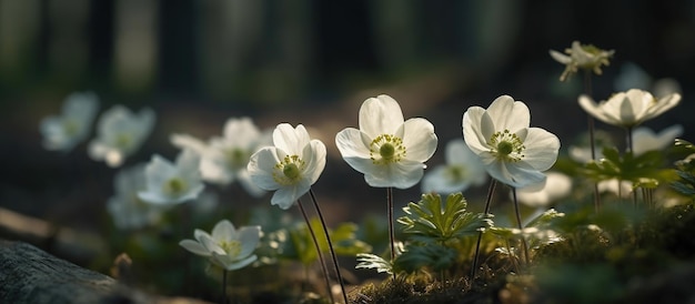 Wunderschöne weiße Blüten von Anemonen im Frühling. AI-generiertes Bild