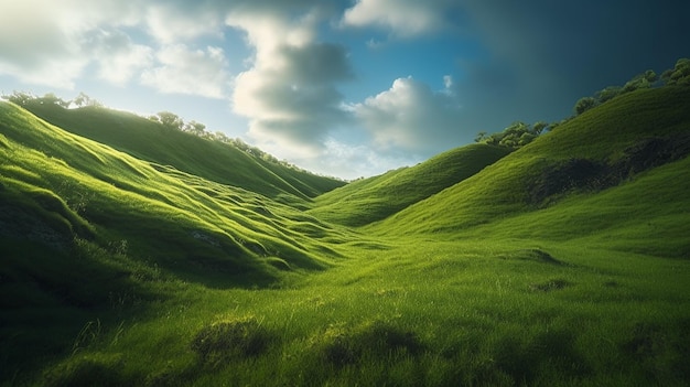 Wunderschöne Wiesenlandschaft in den Bergen mit blauer Skygenerative ai