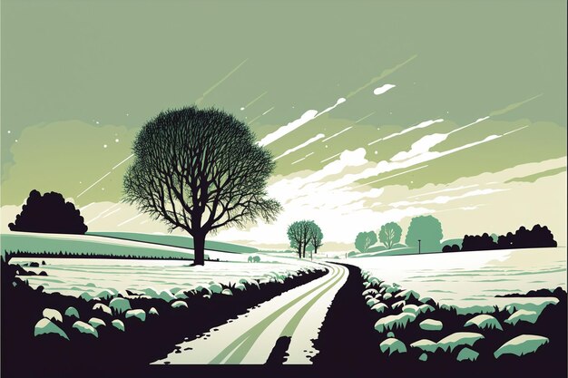 Wunderschöne Winterlandschaft, einfache und minimalistische Illustration mit grüner und weißer Farbe