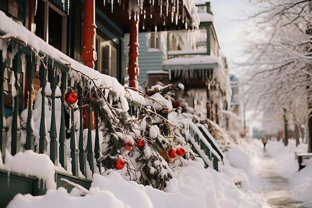 Wunderschöne Winterlandschaft mit schneebedeckten Bäumen und Häusern in der Stadt