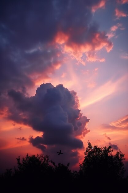 Wunderschöne Wolken bei Sonnenuntergang am Wolkenkratzer, violetter Sonnenuntergang und silhouettierte Wolken