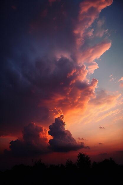 Wunderschöne Wolken bei Sonnenuntergang am Wolkenkratzer, violetter Sonnenuntergang und silhouettierte Wolken