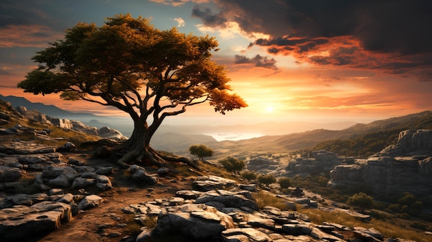 Wunderschöner alter Baum, der am Rande eines Felsens mit erstaunlicher Wolke gewachsen ist