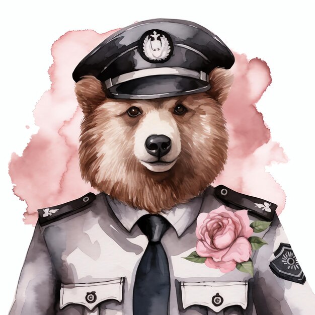 wunderschöner Bär mit Polizeiuniform-Aquarell-Clipart-Illustration