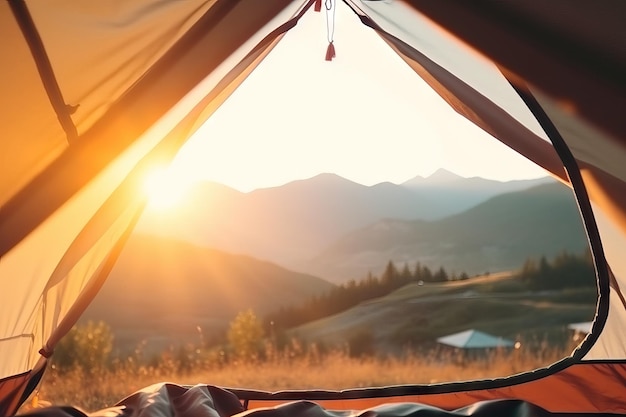 Wunderschöner Bergblick bei Sonnenuntergang im Campingurlaub, Gedankenzelt, defokussiertes Bokeh