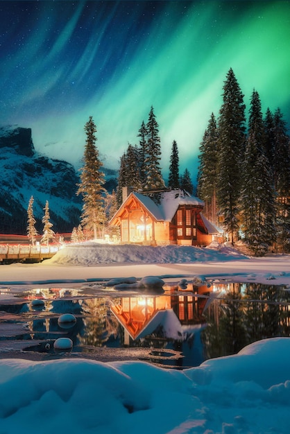 Wunderschöner, berühmter Blick auf die Nordlichter, die über der Emerald Lake Lodge mit verschneitem Wald in felsigen Bergen im Winter im Yoho-Nationalpark Alberta Kanada leuchten