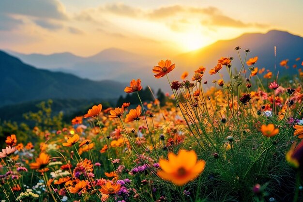 Foto wunderschöner blick auf den natürlichen sommer kosmos wildblumenfeld im berg see landschaft zurück