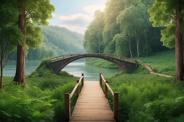 Wunderschöner Blick ins Grüne und eine Brücke im Wald, perfekt als Hintergrund