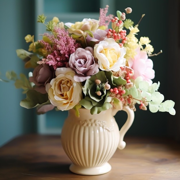 Wunderschöner Blumenstrauß aus frischen Blumen in einer Vintage-Vase im Landhausstil, Heimdekoration und generative Innenarchitektur